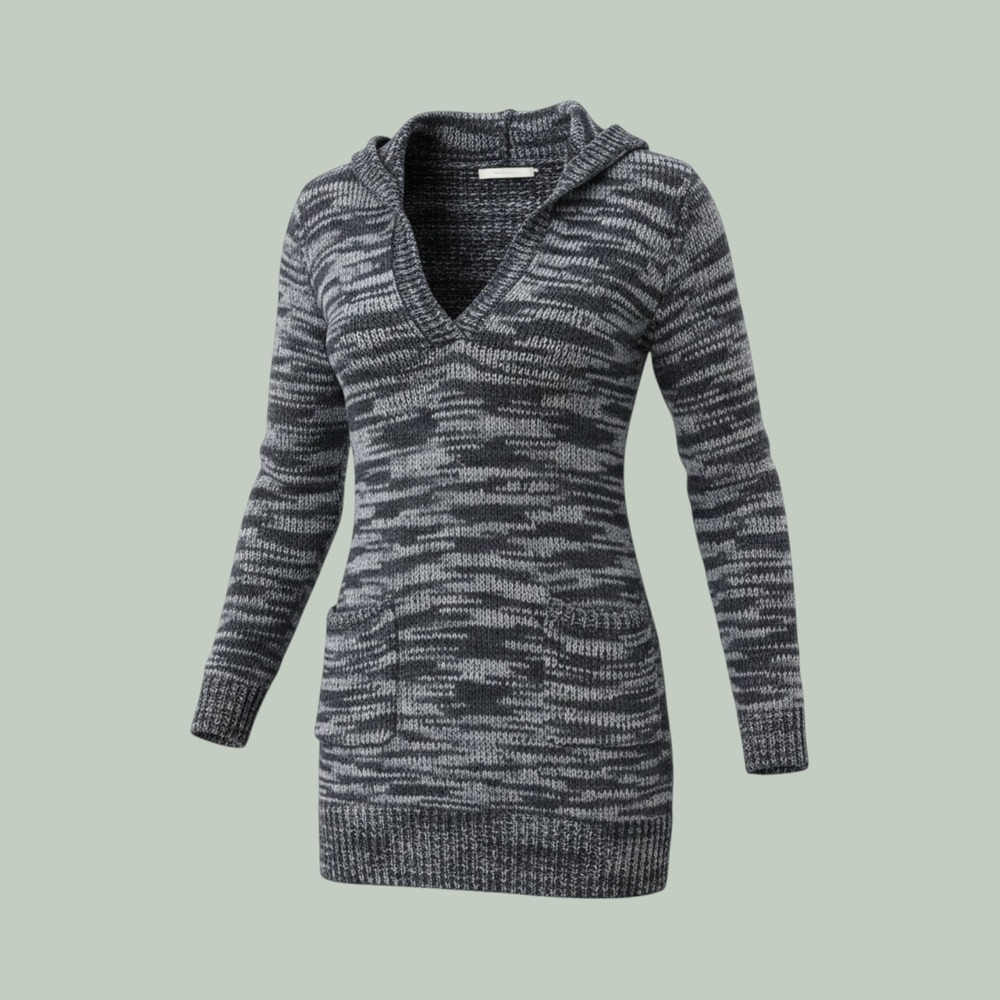 Uniqlo Womens Hooded Long Pullover Sweater Marled Grey V-Neck Pockets Size S